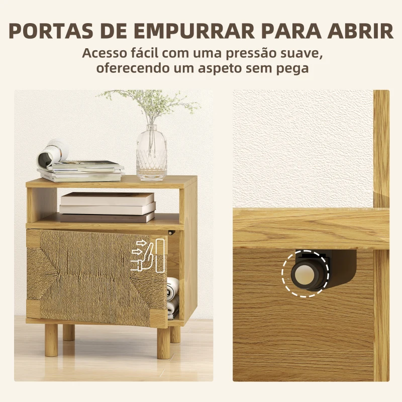HOMCOM Mesa de Cabeceira Estilo Bohémio com Porta de Corda de Papel Prateleira Aberta e Abertura por Pressão 45x39x50 cm Carvalho