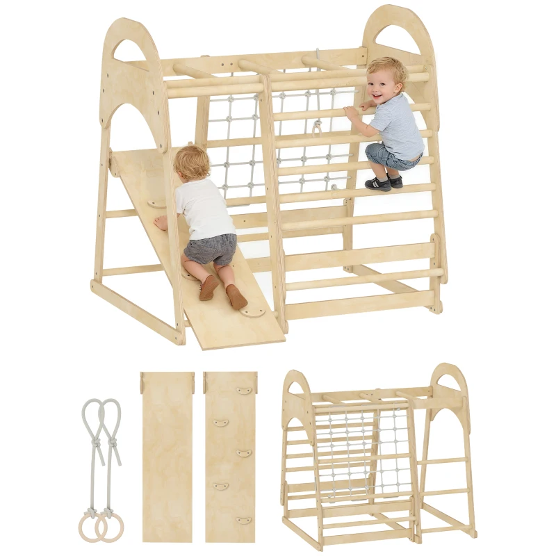 AIYAPLAY 6 in 1 Kids Climbing Frame with Slide, Monkey Bars, Gymnastics Rings, Ladder, Climbing Net, for 3-6 Years, Natural Tone