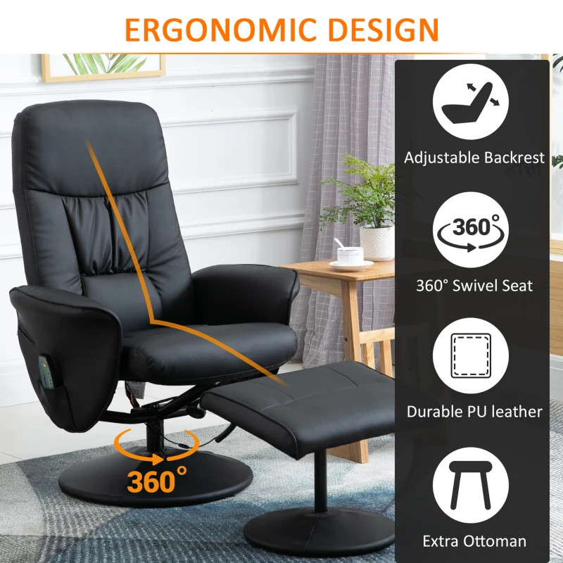 HOMCOM Fotoliu Relaxant cu Suport pentru Picioare, Reclinabil 145° cu Șezut Rotativ, cu 10 Puncte de Masaj, Negru