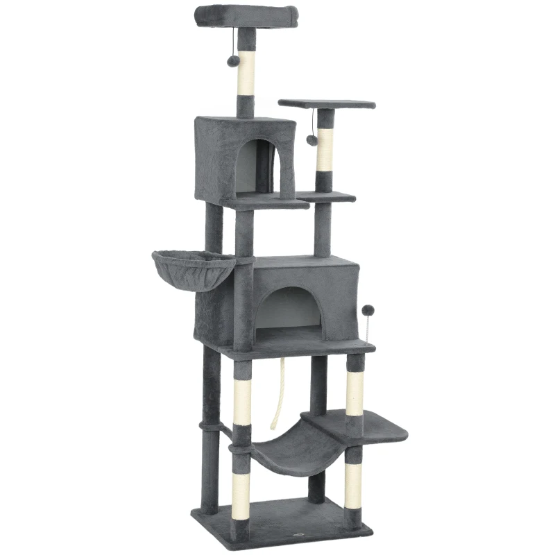 PawHut Albero Tiragraffi per Gatti Alto 202 cm con 6 Pali in Sisal, 2 Casette, 2 Amache e Lettino, Grigio