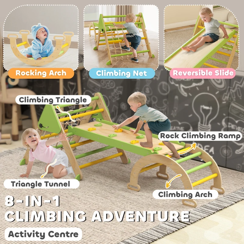 AIYAPLAY 8-in-1 Montessori Klettergerüst Indoor Holz Kletterdreieck mit Kletterbogen, doppelseitiger Rutsche, Grün