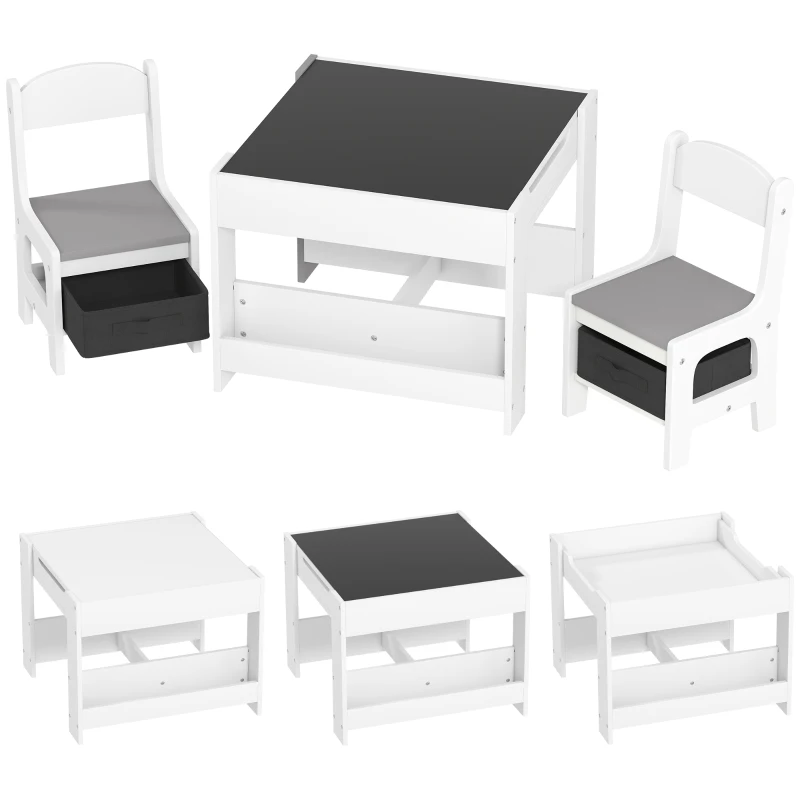 HOMCOM Set Tavolino per Bambini e 2 Sedie, Piano del Tavolo 3 in 1 con Lavagna e Contenitori, Grigio