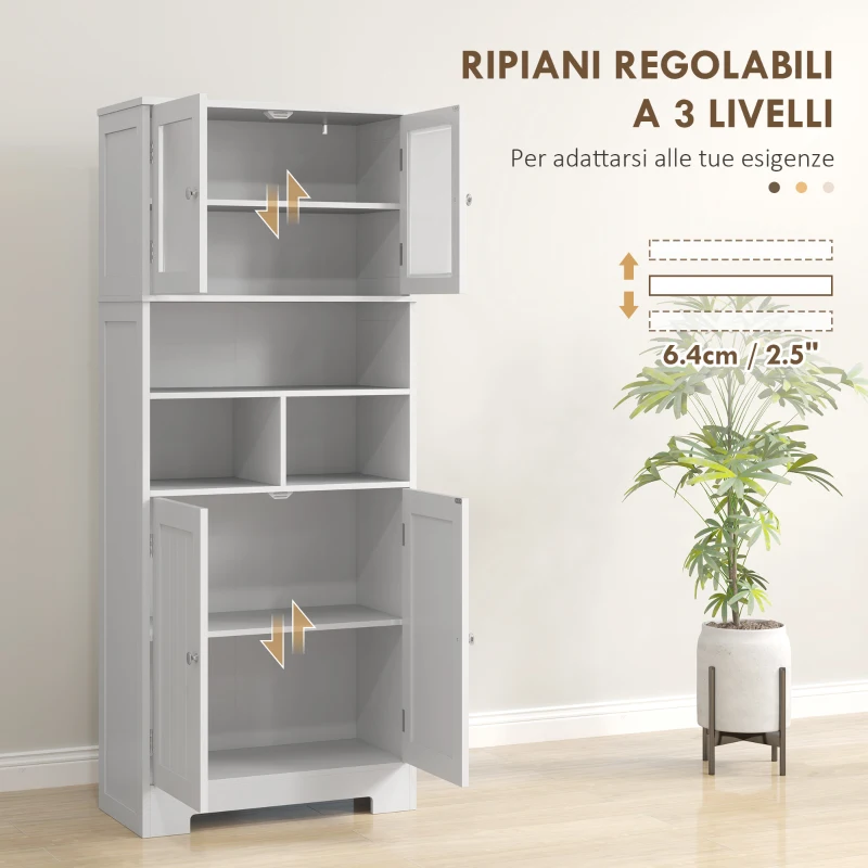 HOMCOM Credenza Cucina con 2 Armadietti e 3 Vani Aperti, Ante a Vetro e Ripiani Regolabili, 60x30x145.5 cm, Bianco