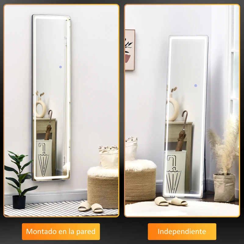HOMCOM Espejo de Pie de Pared y Suelo con Luz LED y Mando a Distancia con Brillo Ajustable 40x37x157,5 cm Plata y Negro
