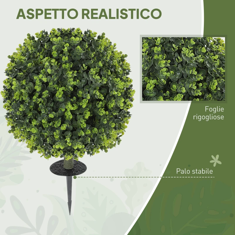 HOMCOM Set 2 Piante Artificiali di Bosso da 40 cm con Picchetto Integrato per Interno ed Esterno, Verde