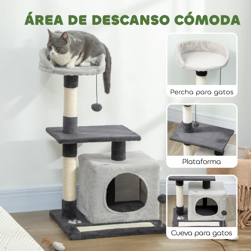 PawHut Árbol Rascador para Gatos 85 cm con Plataformas Cueva Postes Rascadores Tapete de Sisal Bolas Gris Claro y Negro