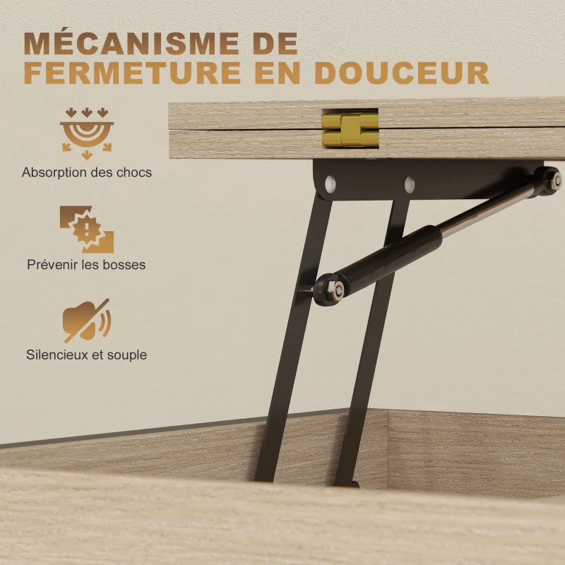 HOMCOM Table basse relevable et extensible, table de salon avec compartiment caché étagères ouvertes, 98x49x55cm, bois naturel