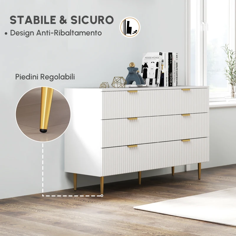 HOMCOM Cassettiera 6 Cassetti Mobile per Camera Moderno con Maniglie e Piedi Dorati, 120 x 40 x 76,5 cm, Bianco