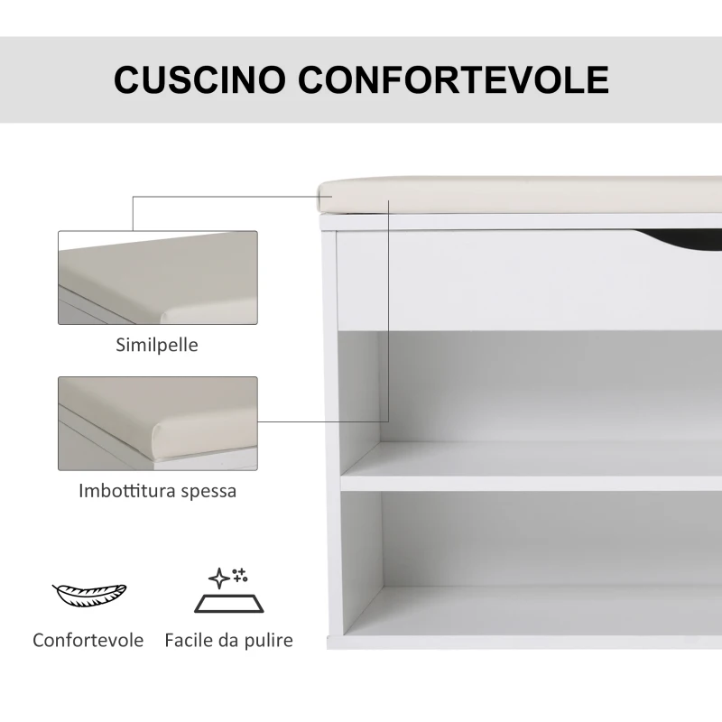 HOMCOM Panca Scarpiera, Mobile Portascarpe Salvaspazio con Sedile Imbottito Ribaltabile da Ingresso Legno, 80x30x47cm, Bianco