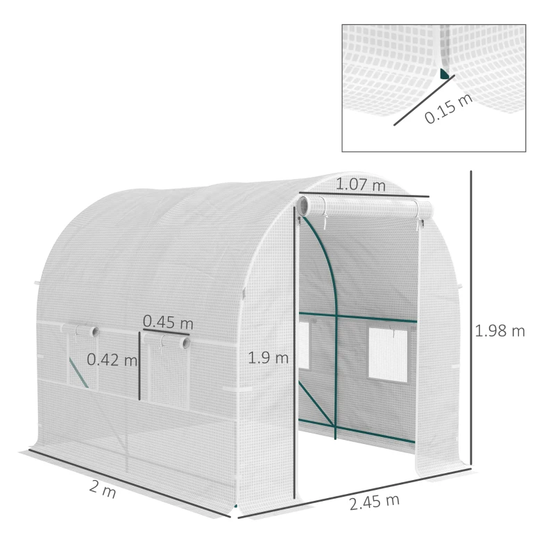 Outsunny Garden Tunnel Greenhouse with Steel Frame and 4 PE Windows 2.5x2x2m, White