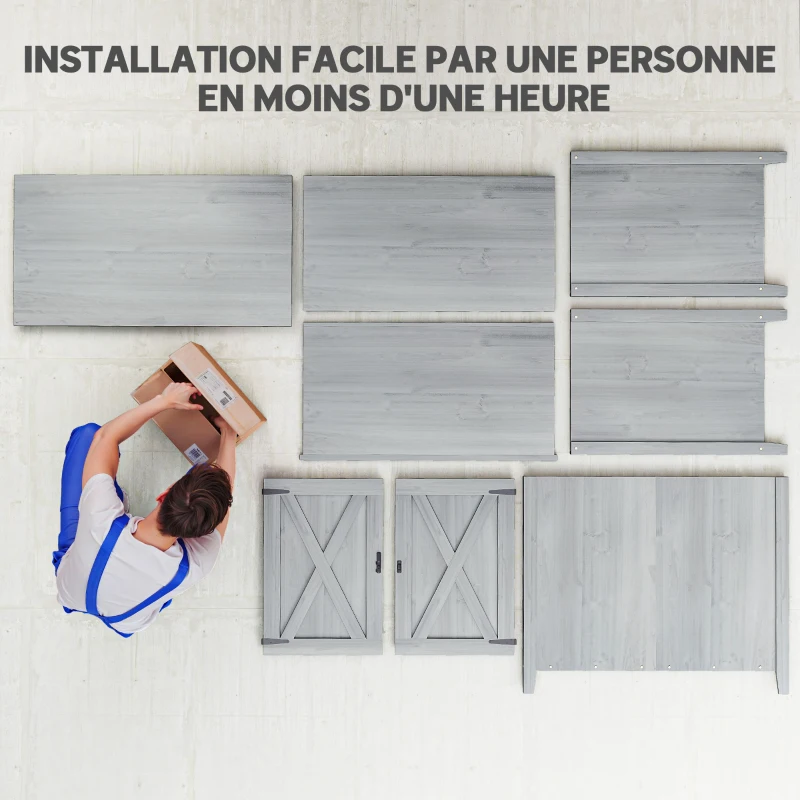 Outsunny Armoire de jardin en bois, placard de jardin en bois avec étagères et double portes, 110 x 60 x 88,5 cm, gris clair