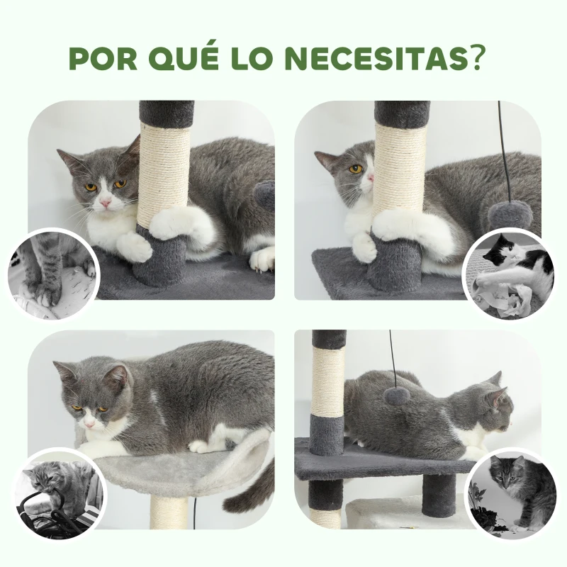PawHut Árbol Rascador para Gatos 85 cm con Plataformas Cueva Postes Rascadores Tapete de Sisal Bolas Gris Claro y Negro