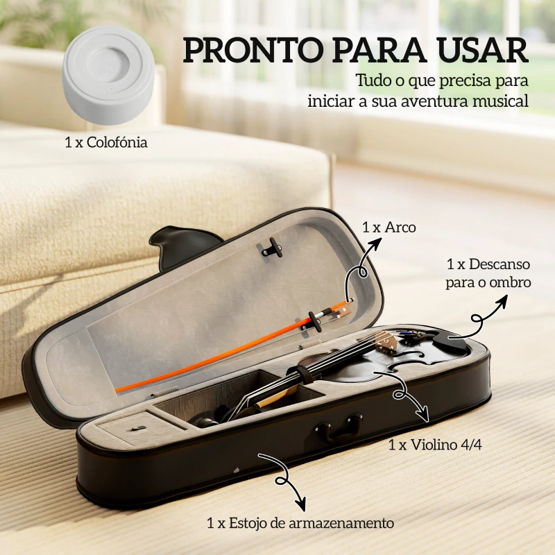 HOMCOM Violino 4/4 de Tamanho Completo em Madeira com Estojo  Arco Breu Afinadores Cordas e Suporte para Ombro 60x21x7 cm Preto