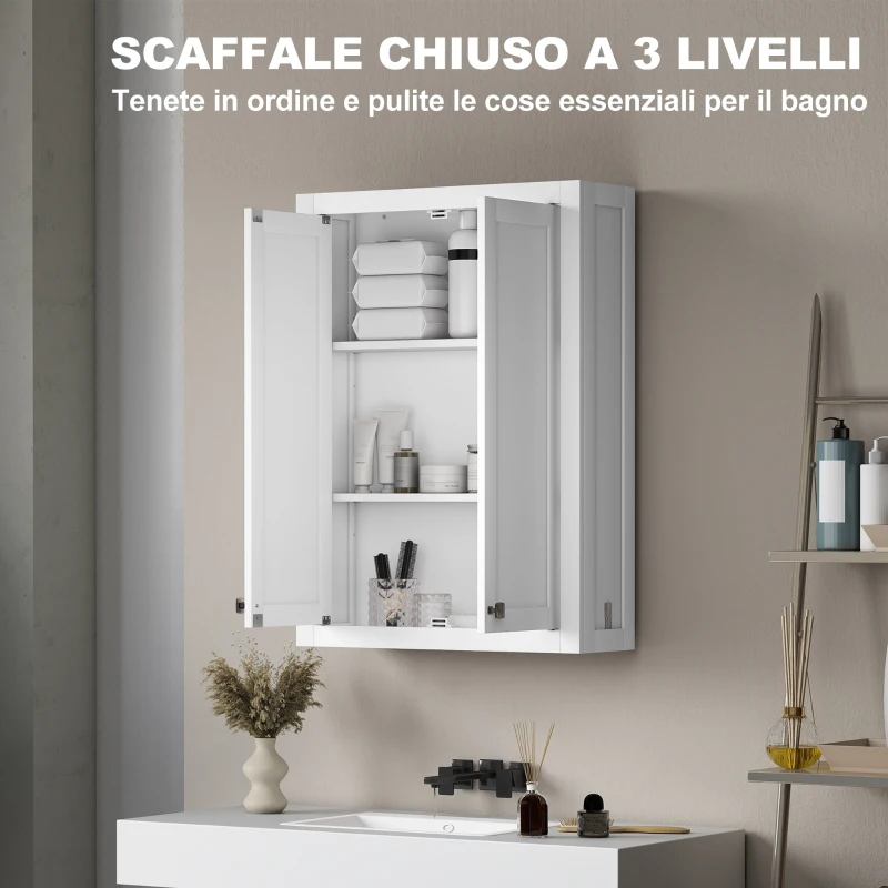 HOMCOM Mobile da Bagno a Parete in Legno con 2 Ripiani Regolabili su 3 Livelli, 61x20x84 cm, Bianco