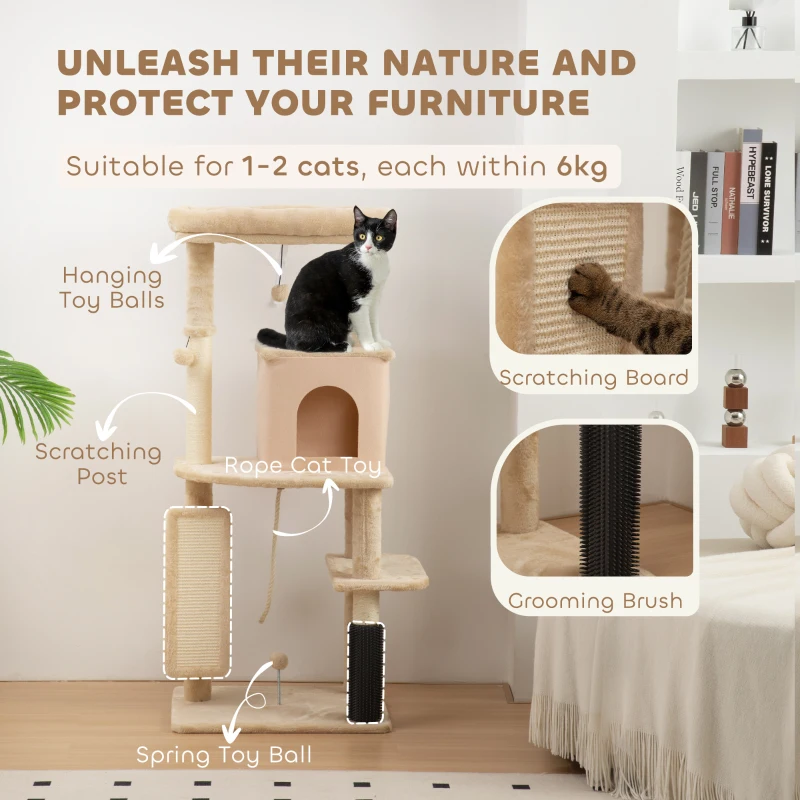 PawHut 132cm Cat Tree w/ Scratching Posts, Pad, Cat Bed, Cat House, Jumping Platform, Grooming Brush, Anti-Tip Kit, Beige