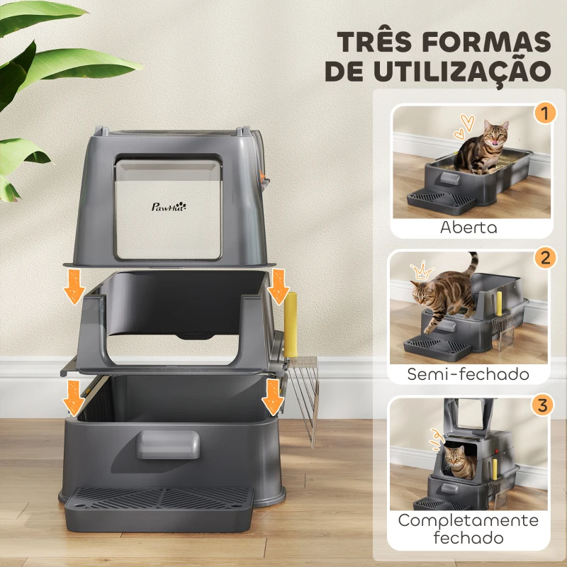 PawHut Caixa de Areia para Gatos de Aço Inoxidável XL com Tampa Articulada 180° Laterais Altas Pedal Pá 63x43x43 cm Cinzento Escuro