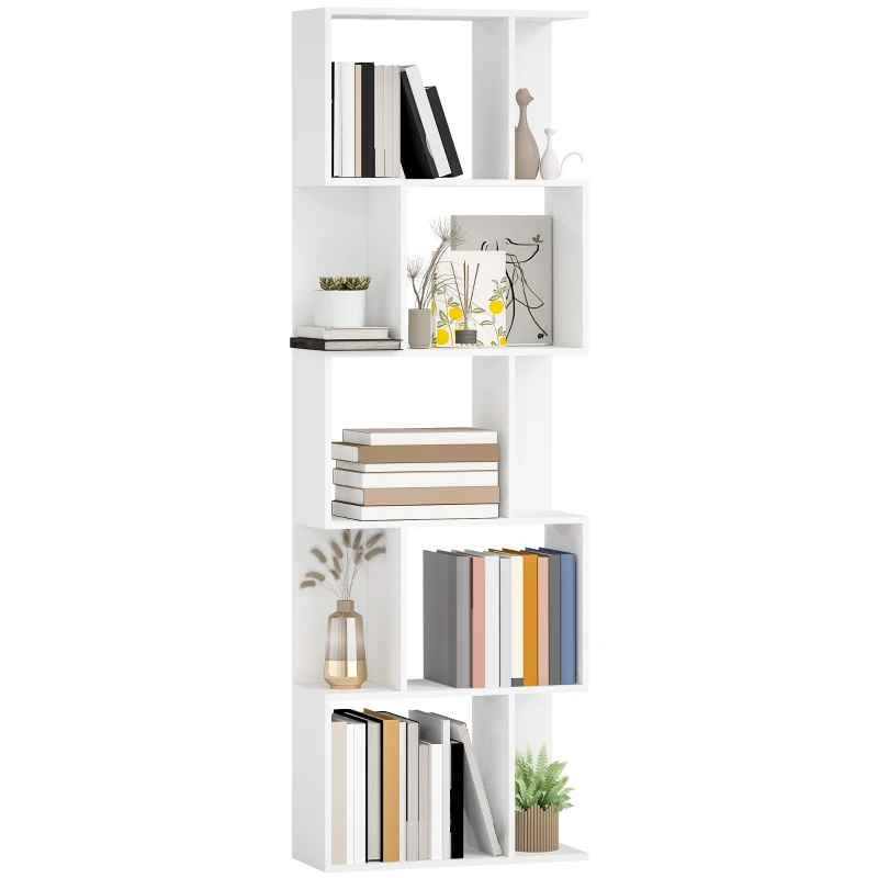 HOMCOM Raft pentru Cărți cu 5 Rafturi Separate, Bibliotecă în Formă de S din Lemn, 60x24x184,5 cm, Alb