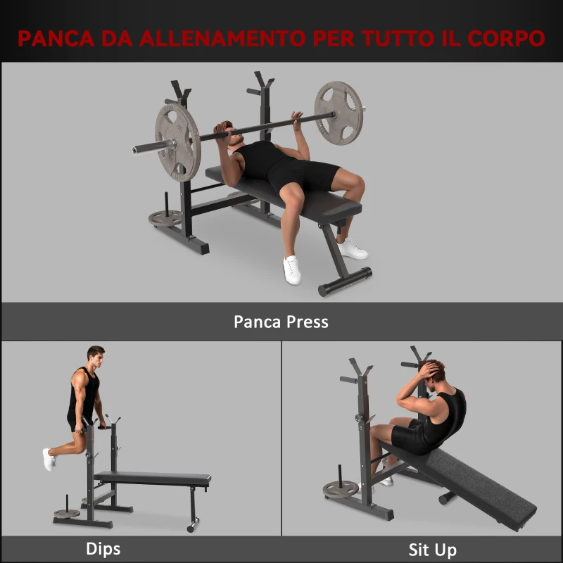 HOMCOM Panca Pesi Pieghevole con 8 Altezze Regolabili e Supporto Bilanciere in Acciaio e PU, 140x73x98-122 cm, Grigio