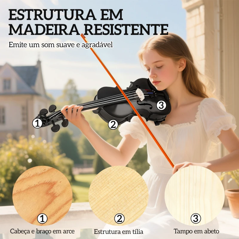 HOMCOM Violino 4/4 de Tamanho Completo em Madeira com Estojo  Arco Breu Afinadores Cordas e Suporte para Ombro 60x21x7 cm Preto