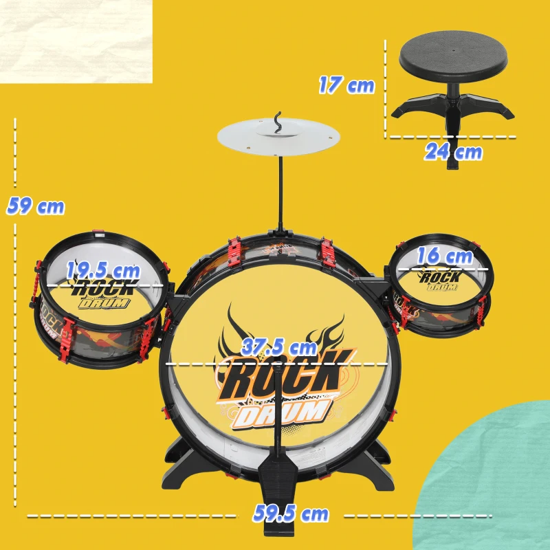 AIYAPLAY Set Batteria Giocattolo per Bambini con Sgabello, Gioco Musicale per Bambini 3-6 Anni, Nero