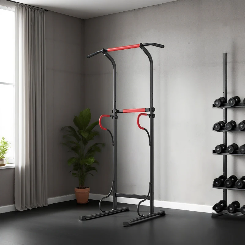 HOMCOM Barra per Trazioni Power Tower Stazione Fitness Multifunzione con Altezza Regolabile 171-219cm Nero Rosso
