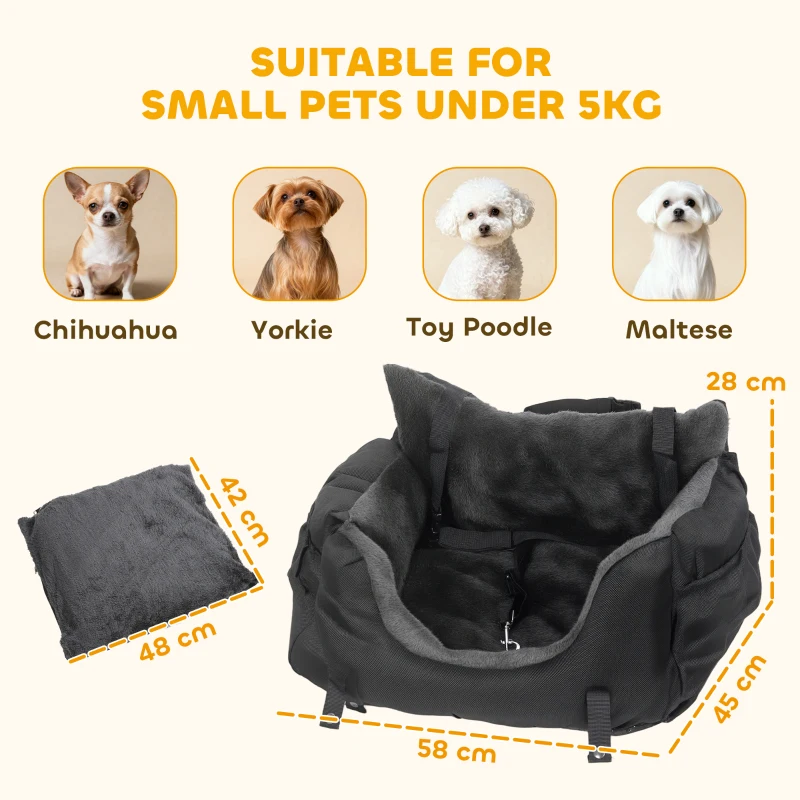 PawHut Dog Car Seat for Small Dogs with Fixed Buckle, Safety Leash, Washable Cover, 58 x 45 x 28 cm, Black