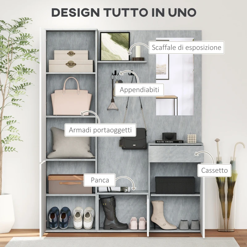HOMCOM Mobile da Ingresso 4 in 1 con Specchio, Ganci e Ripiani Interni, in Legno, 145x29x184 cm, Grigio e Bianco
