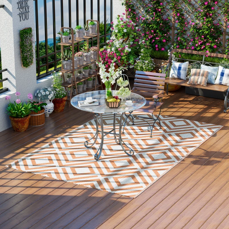 Outsunny Tappeto Esterno per Balcone e Terrazza Reversibile con Fantasia Geometrica, 182x274 cm, Marrone e Bianco