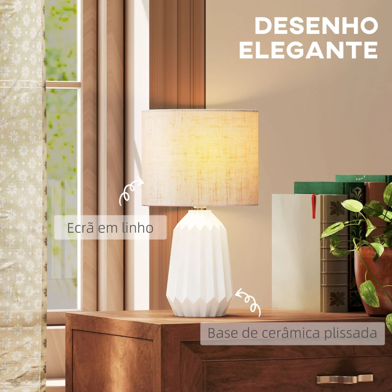 HOMCOM Candeeiro de Mesa com Base de Cerâmica e Ecrã de Linho Estilo Retro com Interruptor E27 40W Ø22x39 cm Branco e Bege