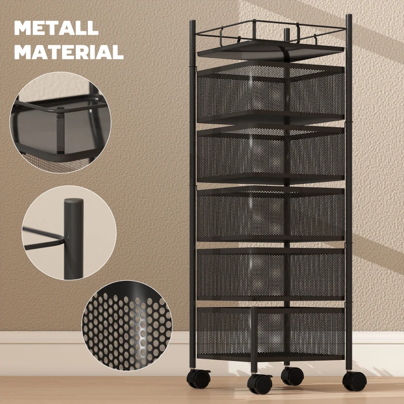 HOMCOM keukenwagen, 5 draaibare manden, 4 zwenkwielen, metalen frame, zwart