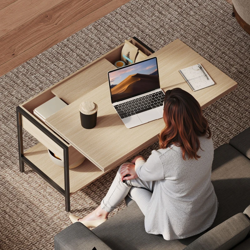 HOMCOM Table basse relevable et extensible, table de salon avec compartiment caché étagères ouvertes, 98x49x55cm, bois naturel