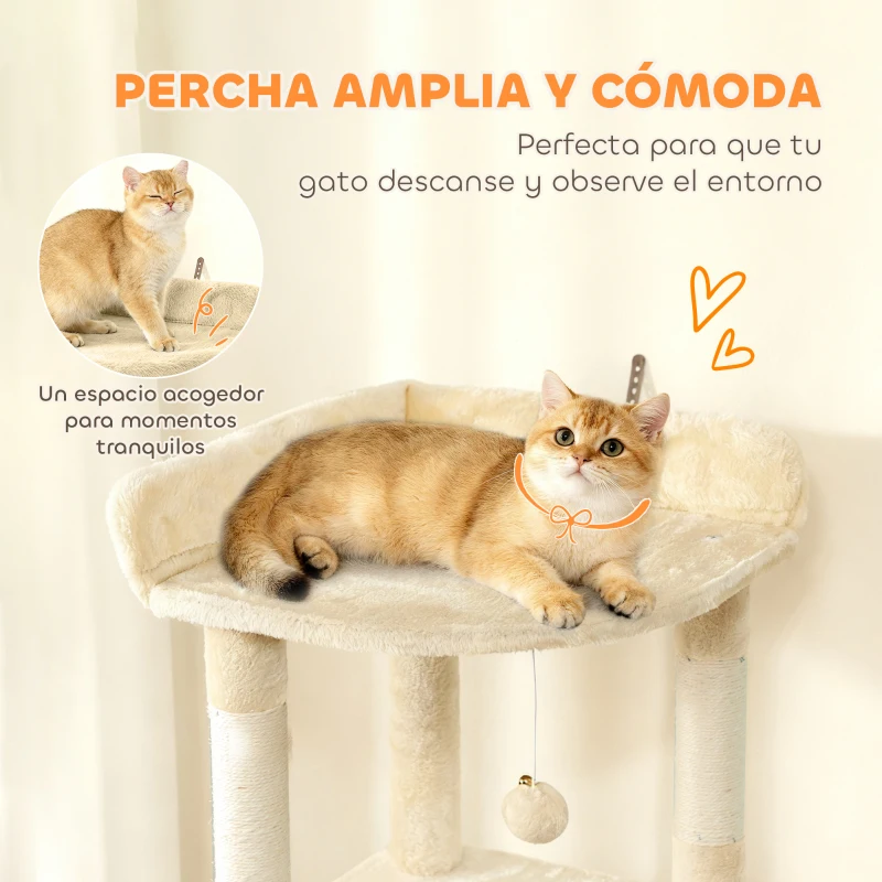 PawHut Árbol Rascador para Gatos Grande Altura 170 cm con 7 Postes 1 Túnel 3 Plataformas 2 Cuevas 1 Hamaca Beige
