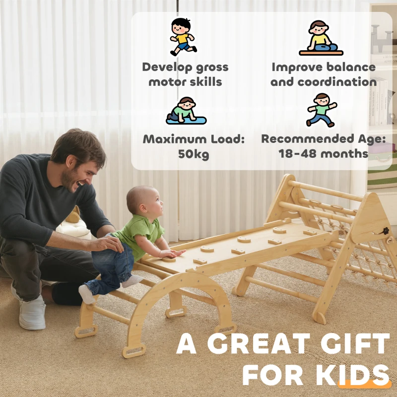 AIYAPLAY Children's 8-in-1 Climbing Triangle with Reversible Ramp, Wooden Climbing Arch with Slide & Ladder, Natural