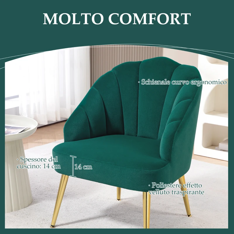 HOMCOM Poltroncina da Camera e Salotto a Conchiglia Stile Art Deco, in Tessuto Vellutato e Acciaio, 63x65x84 cm, Verde