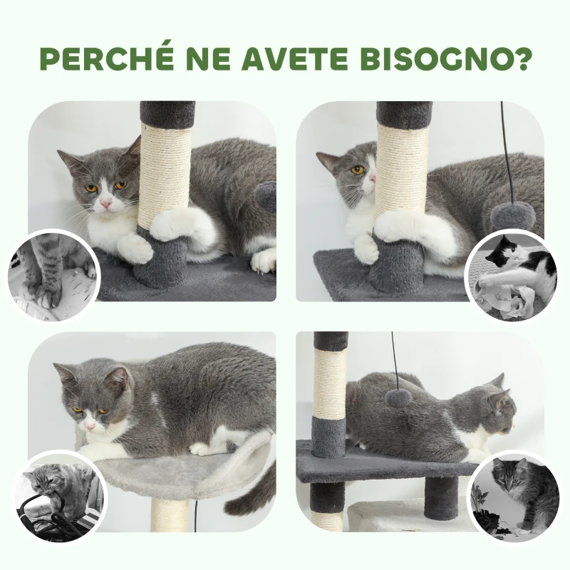 PawHut Albero Tiragraffi per Gatti Alto 85 cm con Casetta, Lettino, Pali e Tappetino Tiragraffi, Grigio
