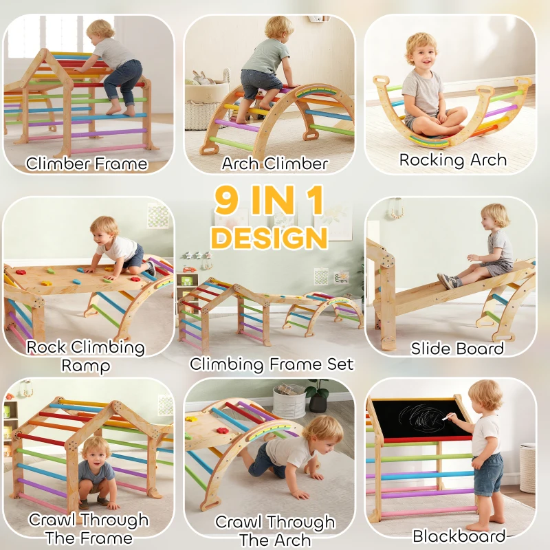 AIYAPLAY 9 in 1 Toddler Climbing Frame with Ramp, Slide, Arch, Ladder, Blackboard for 18-48 Months