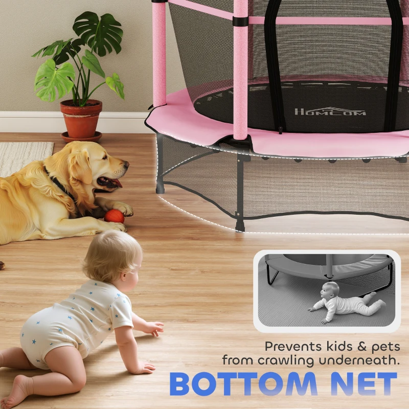 HOMCOM 4.6FT/55" Kids Trampoline with Enclosure Net, Outdoor Indoor Use, for Ages 3-10 Years, Pink