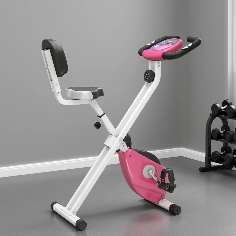 HOMCOM Cyclette Pieghevole da Fitness in Acciaio, Cyclette Magnetica Pieghevole da Casa con Altezza Regolabile, Resistenza Magnetica a 8 Livelli, Schermo LCD, 43x97x109cm, Rosa