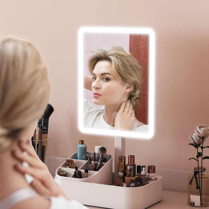 HOMCOM Miroir maquillage éclairé rechargeable 180° pivotant Miroir cosmétique LED à 2 modes d'éclairage, Blanc