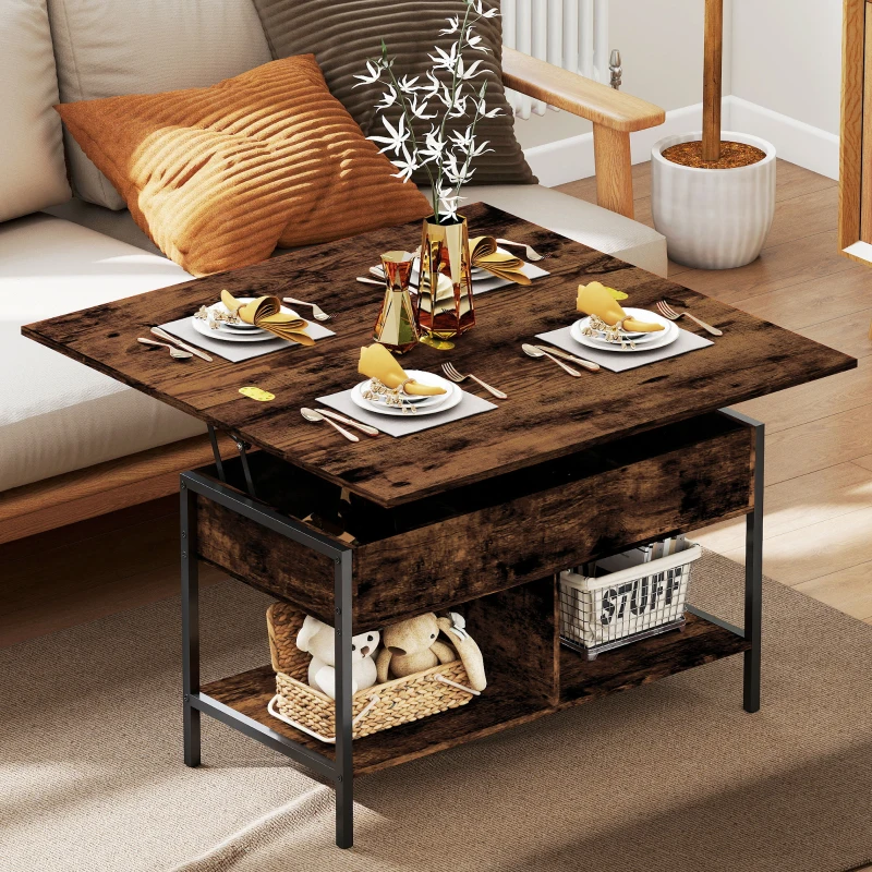 HOMCOM Table basse relevable et extensible, table de salon avec compartiment caché étagères ouvertes, 98x49x55cm, brun rustique