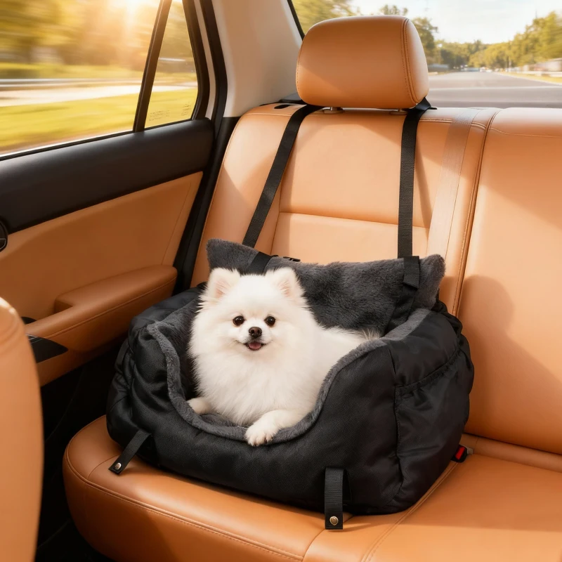 PawHut Dog Car Seat for Small Dogs with Fixed Buckle, Safety Leash, Washable Cover, 58 x 45 x 28 cm, Black