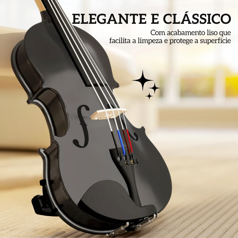 HOMCOM Violino 4/4 de Tamanho Completo em Madeira com Estojo  Arco Breu Afinadores Cordas e Suporte para Ombro 60x21x7 cm Preto