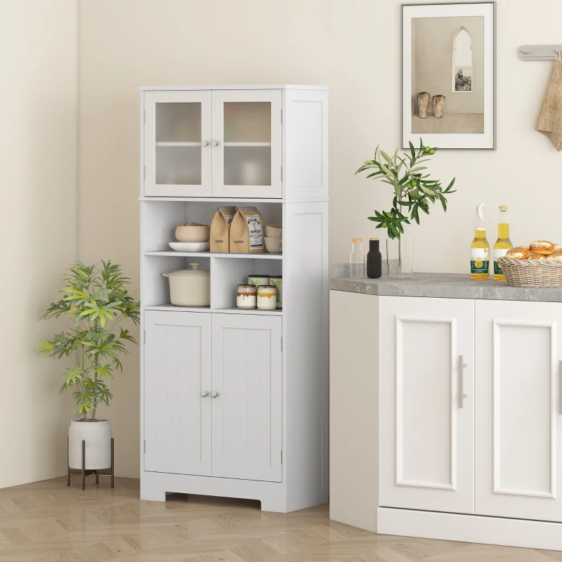 HOMCOM Credenza Cucina con 2 Armadietti e 3 Vani Aperti, Ante a Vetro e Ripiani Regolabili, 60x30x145.5 cm, Bianco