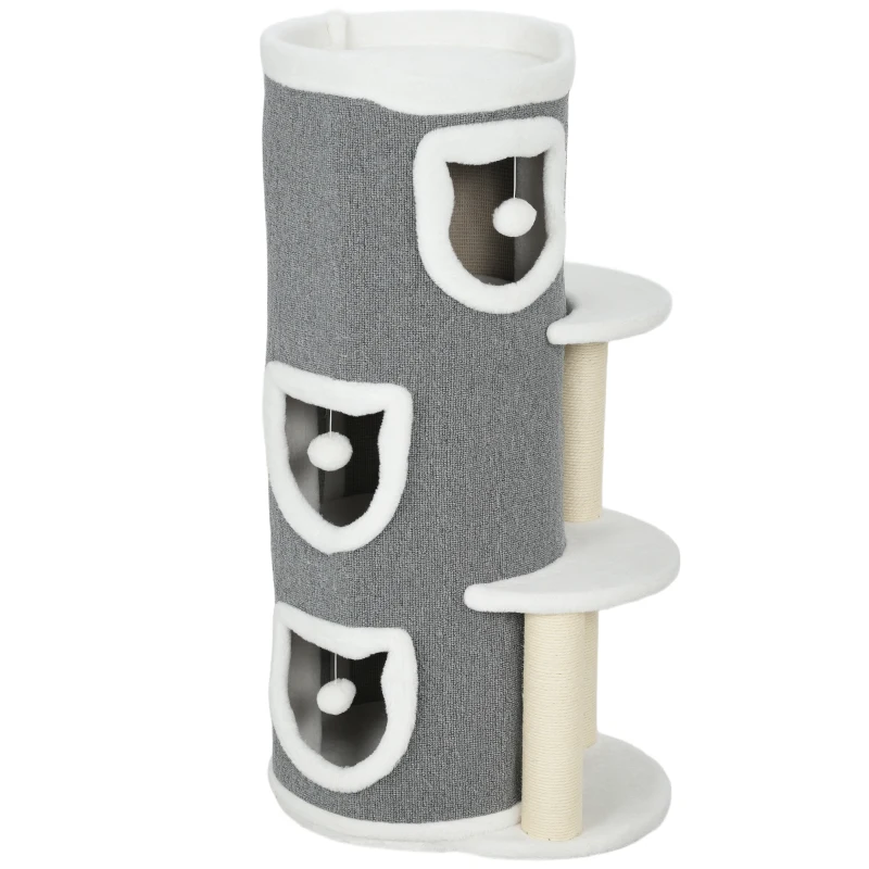 PawHut 101 cm kattentoren, 3 niveaus, 3 slaapholen, speelballen, krabpilaren, sisal, spaanplaat, Grijs