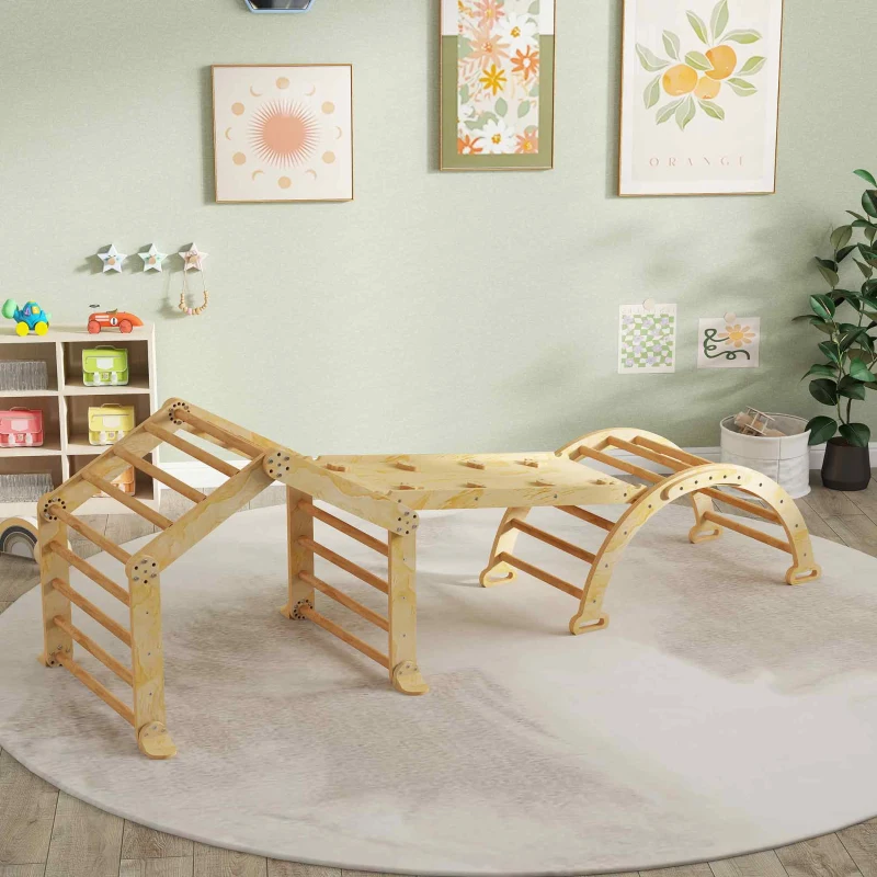AIYAPLAY Struttura da arrampicata indoor 9-in-1, con rampa, scivolo, scala, lavagna, per bambini piccoli, Legno naturale