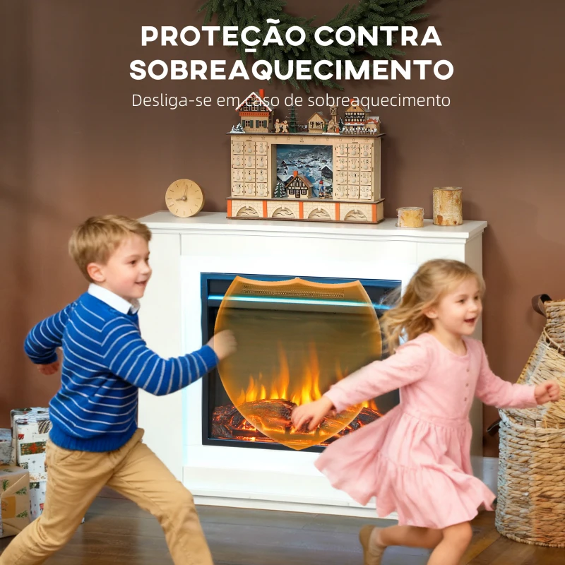 HOMCOM Lareira Elétrica com Efeito de Chama de 5 Níveis de Brilho e 12 Cores Decorativa 1000/2000W Temporizador para 30 m² 98x25x80 cm Branco