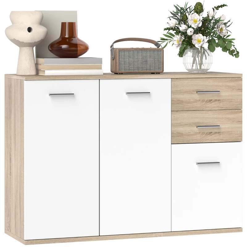 HOMCOM Sideboard Wohnzimmer, Aufbewahrungsmöbel mit 2 Schubladen, 3 Türen und höhenverstellbarem Einlegeboden, 106 x 35 x 76 cm, weiß und Naturholz