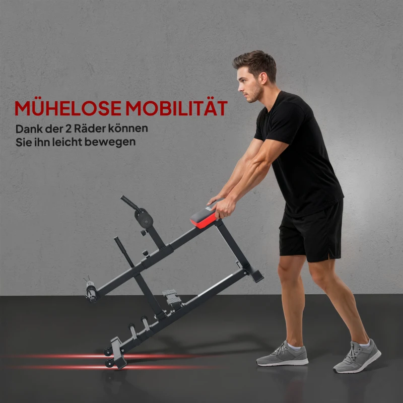 SPORTNOW Beentrainingsbank, kuithefmachine, met wielen, sportuitrusting voor fitnessoefeningen thuis, staal, zwart