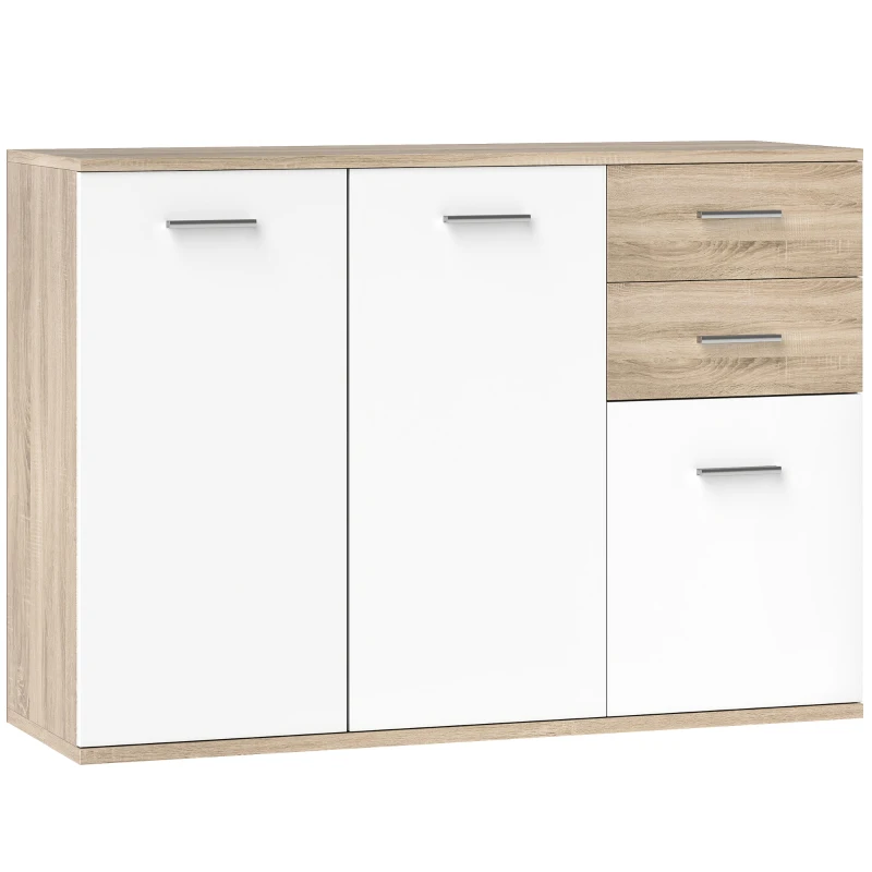 HOMCOM Sideboard Wohnzimmer, Aufbewahrungsmöbel mit 2 Schubladen, 3 Türen und höhenverstellbarem Einlegeboden, 106 x 35 x 76 cm, weiß und Naturholz