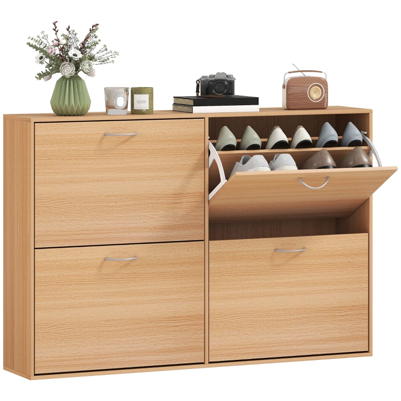 HOMCOM Scarpiera Ingresso Salvaspazio Slim con 4 Ante a Ribalte, Mobile Scarpiera Moderna per 24 Paia di Scarpe con Ripiani Regolabili, Portascarpe in Legno, 120x24x81cm, Color Legno